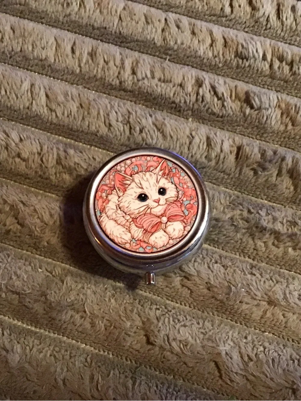 Cute Cat Pill Box with Pink Floral Art